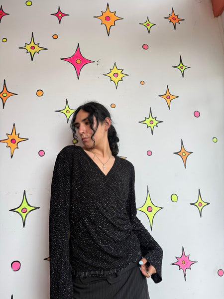 90s Black Sparkle Top Beaded Fringe Witchy Goth Glitter Stretch Wrap Blouse M