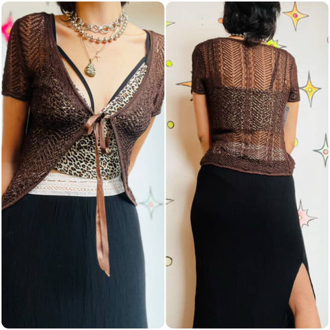 Vintage Y2K Brown Crochet Babydoll Top - Ribbon & Lace Fairy Grunge Dream - S