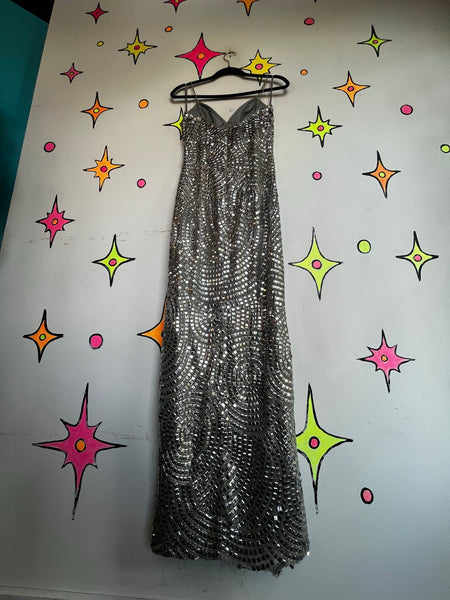 Vintage Silver Beaded Silk Gown Movie Star Glam Evening Dress Formal 90s S