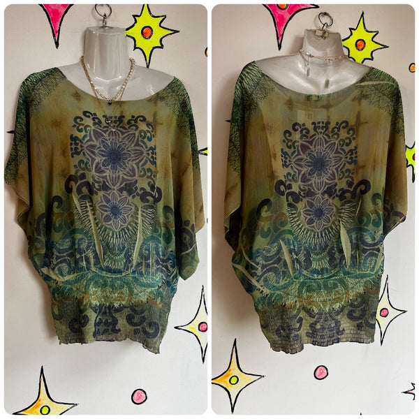Vintage Y2K | McBling Sheer Tattoo Print Grunge Emo Indie Sleaze Fairy Top | XL