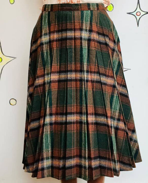 1950s Plaid Pleated Twirl Skirt – Fit & Flare Pin-Up Grunge Schoolgirl Style – M