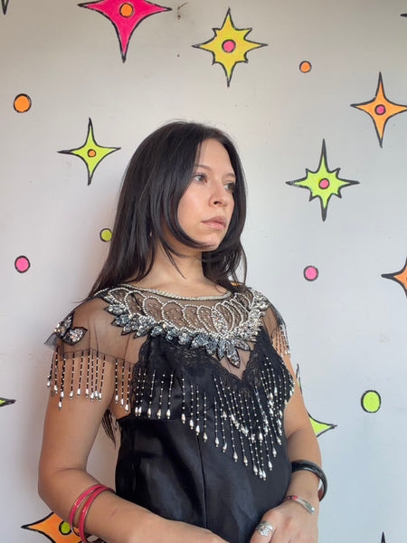 Vintage Beaded Fringe Flapper Western Collar Whimsigoth Glam Statement Cape