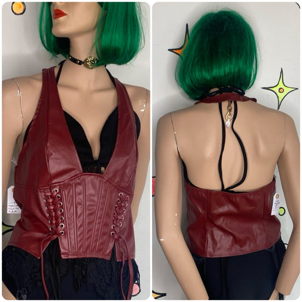 Red Vegan Leather Corset Top Lace Up Siren Y2K Indie Sleaze Western Mall Goth SM