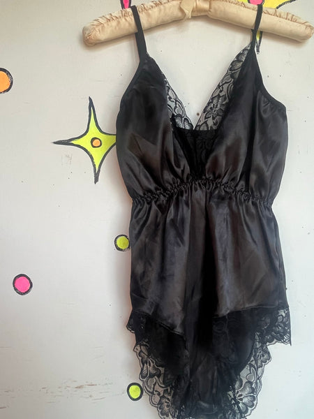 Black Satin Lace Teddy | Romantic Goth Lingerie Fairy Grunge Bodysuit S