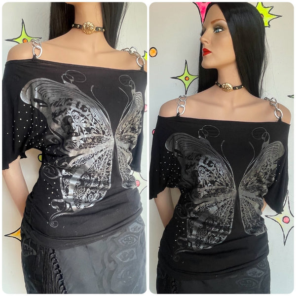 Y2K Black Chain Off Shoulder Butterfly Tattoo Top Cyber Grunge Whimsy Goth M