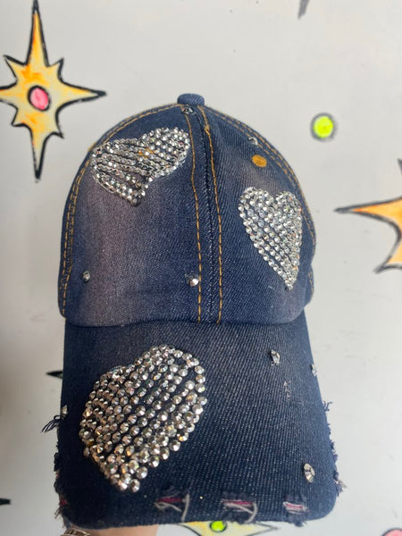 Y2K Rhinestone Heart Denim Hat True Gear McBling Trucker Style