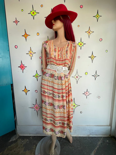 Vintage 90s Lightweight Boho Whimsy Grunge Western Folk Artisan Midi Dress S