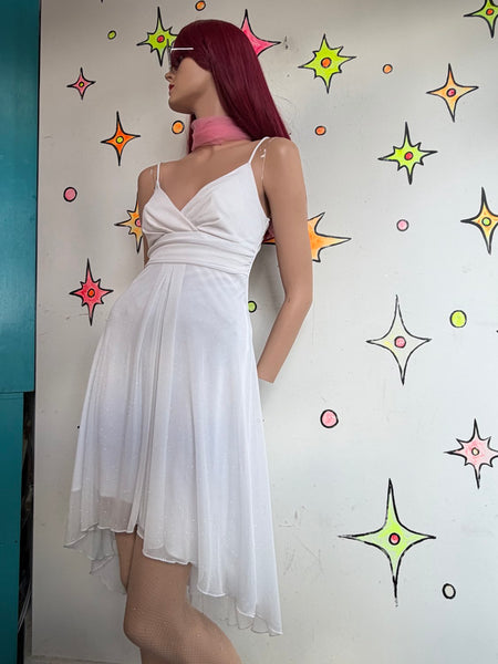 90s White Glitter Empire Slip Dress Marilyn Monroe Retro Glam Hankerchief Dress