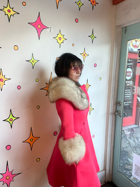 Vintage 60s Lilli Ann Pink Fur Trim Old Hollywood Glam Princess Swing Coat S