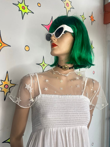 Sheer Star Mesh Mock Neck Crop Layering Top Celestial Cyber Y2K Fairycore M