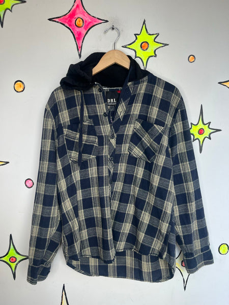 Vintage 90s Navy Blue Plaid Hooded Flannel Shirt Grunge Fairy Academia Size L