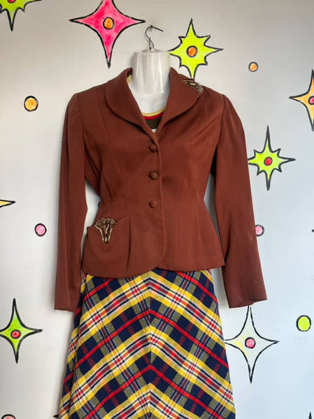 Vintage 1940s Earth Tones Embellished Beaded Blazer Vintage Juniors XS