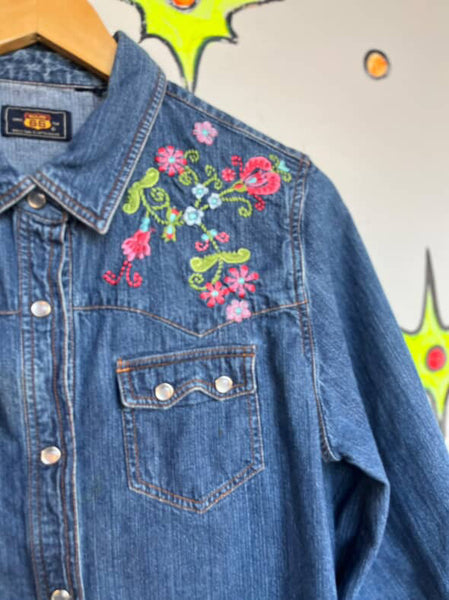 Vintage 90s Route 66 Embellish Denim Pearl Snap Top Fairy Grunge Western Boho M