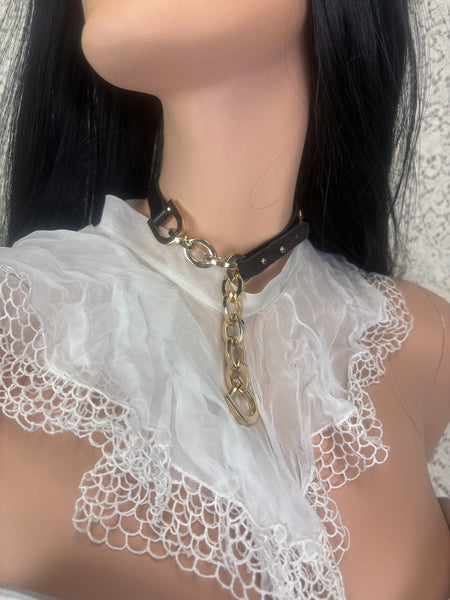 Vintage 80s Black Vegan Leather Lion Choker Collar - Gold Tone Hardware