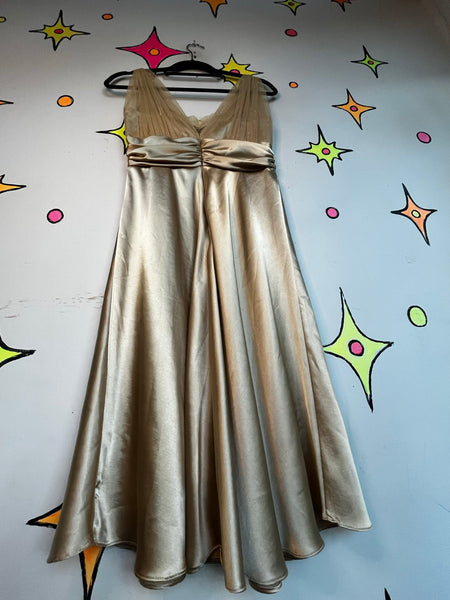 Vintage 90s Gold Glitter Satin Metallic Glam Midi Dress Cocktail Party Dress M