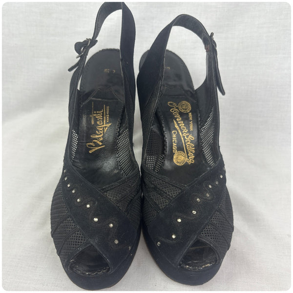 40s Black Mesh Suede Peep Toe Platform Heels Rhinestones Witchy Cha Cha – 6.5–7