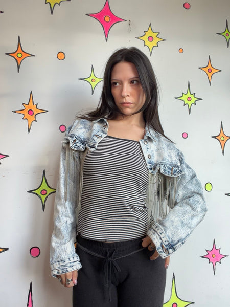 Acid Wash Cropped Denim Jacket | Y2K Bling Western Grunge Jean Jacket Small