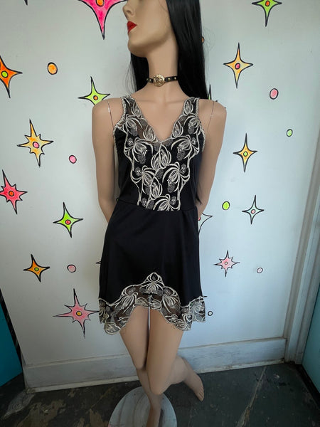 Black Slip Dress w Embroidered Lace – Grunge Lingerie Fairy Goth Party Mini S/M