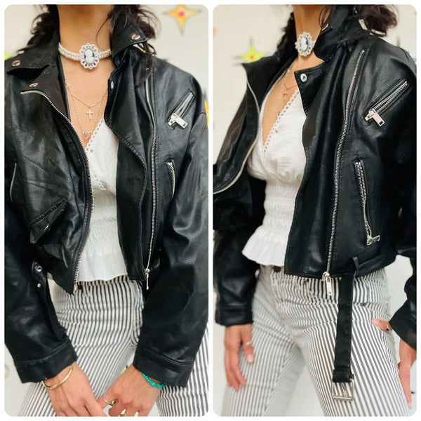 Y2K Black Vegan Moto Leather Jacket – Cropped Goth Grunge Indie Sleaze Glam - S