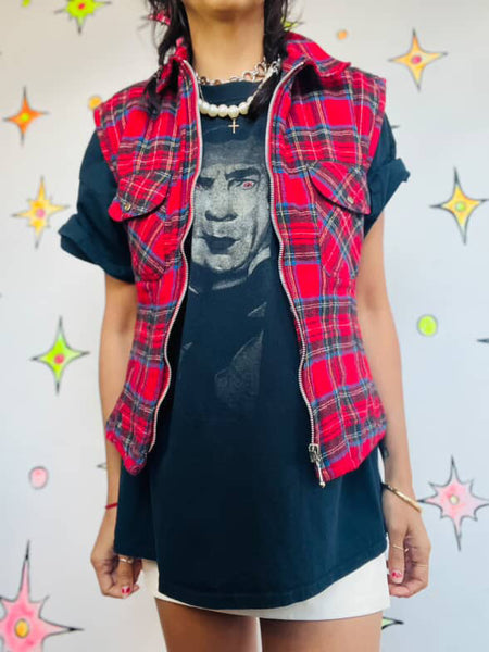 Vintage 90s Y2K Red Plaid Zip Up Flannel Utility Vest | Grunge Layering Top S