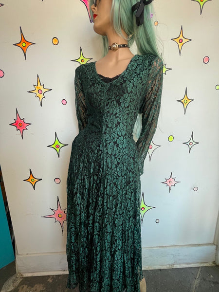Vintage 90s Green Gauzy Lace Goth Dress Whimsy Goth Witchy Boho L