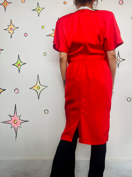 Vintage 80s Red Silk Sculptural Art Power Boss Dress | Shoulder Pad Cocktail | 8