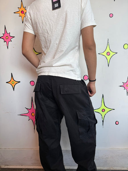 Y2K Black Cargo Pants Grunge Skater Utility Trousers Low Rise Indie Sleaze Baggy L