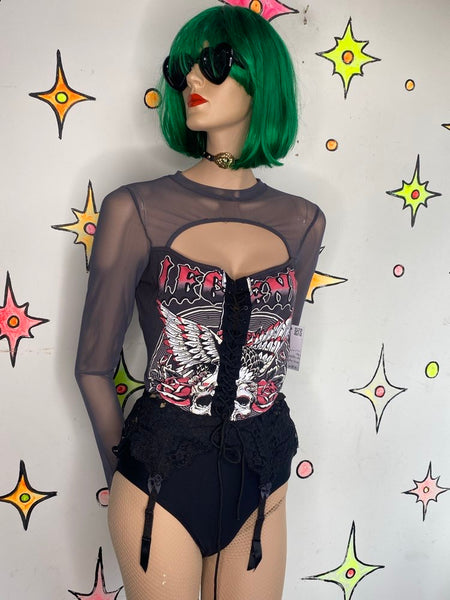 Y2K Upcycled Biker Corset Tee Lace Up Punk Emo Grunge Goth Graphic Corset Top M