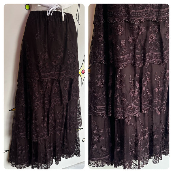 Vintage 90s Y2K | Black Fairy Grunge Whimsy Goth Tiered Ruffle Maxi Skirt | XL