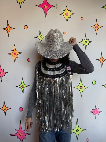 Silver Fringe Cape Disco Cowboy Studio 54 - 70s Showgirl Metallic Cosmic Circus