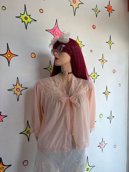 1950s Pink Pegnoir Chiffon Bed Jacket Rococo Kawaii Babydoll Boudoir Cape M/L