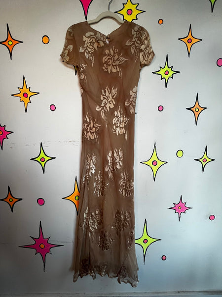 90s Blush Velvet Burnout Maxi Dress Silk Blend Ethereal Fairy Grunge Gown - S