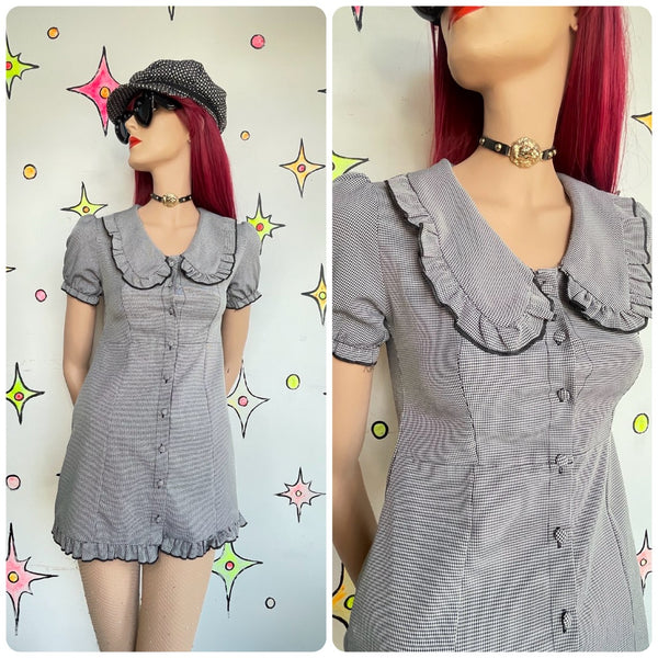 Houndstooth Babydoll Mini Dress Big Collar Preppy Dark Academia Mall Goth S