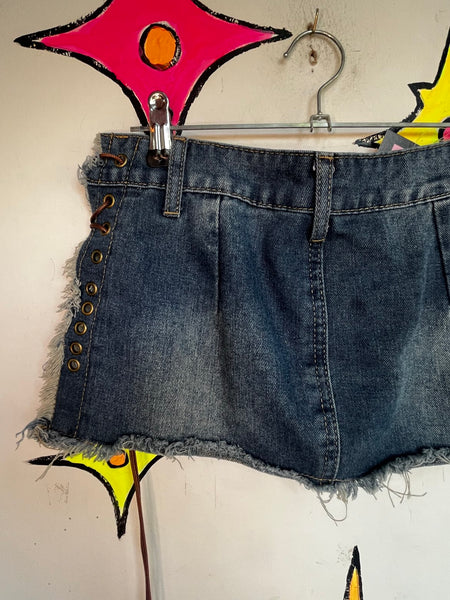 Y2K Indie Sleaze Ultra Mini Denim Skirt Lace Up 2000s Grunge McBling Clubwear XS