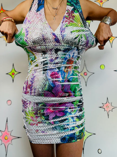 Vintage Y2K Club Dress Rainbow Tattoo Print Metallic Sparkly Halter Mini – M