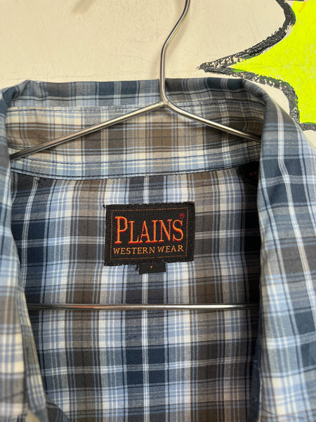 Vintage Blue Plaid Men's Western Lighweight Cotton Pearl Snap Shirt - Size L