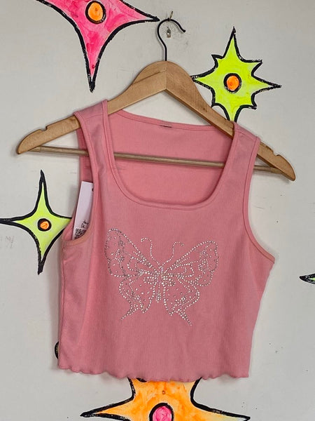 Y2K Pastel Pink Rhinestone Butterfly Top McBling Baby Tee Fairy Grunge S
