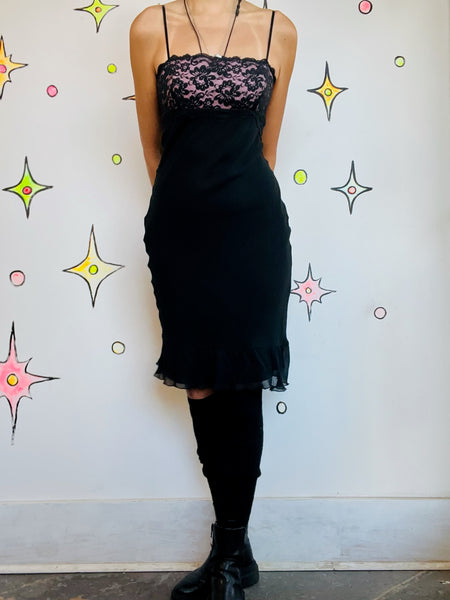 Vintage 90s Y2K Black Fairy Grunge Goth Babydoll Slip Dress w/ Pink & Lace – S