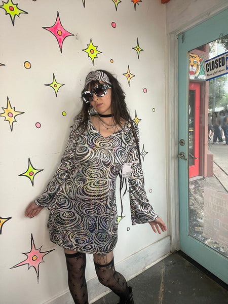 60s Style Psychedelic Gogo Mini Dress Groovy Mod Bell Sleeve 70s Disco M