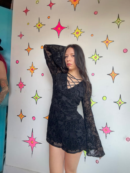 Vintage Black Velvet Burnout Playsuit Goth Fairy Grunge Bell Sleeve Romper L