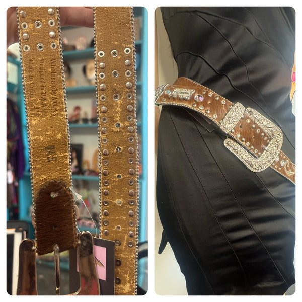 Y2K Rhinestone Belt Cowhide Leather Western Bling Cowgirl Glam Statement Belt