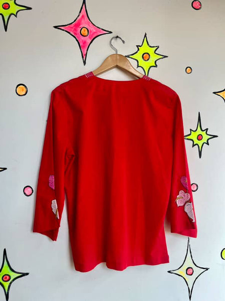 Vintage Cherry Red Boho Embroidered Cotton Blouse – Peasant Folk Top – Flowy XL
