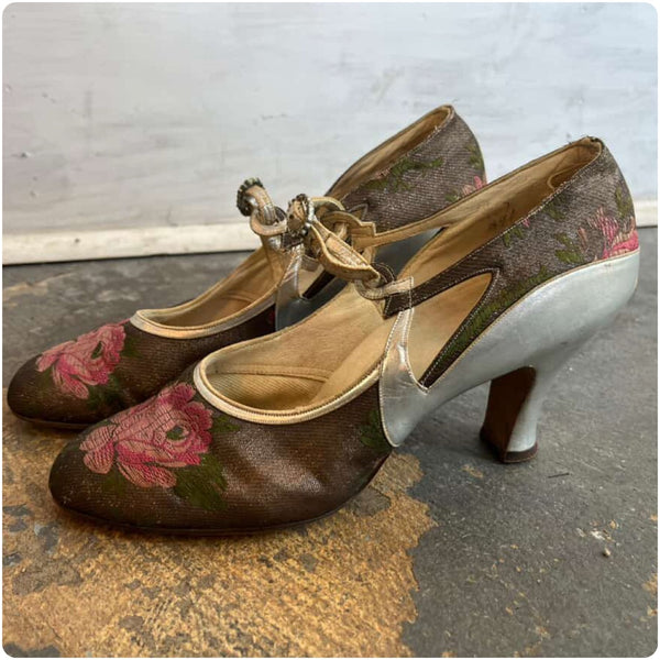 Antique 1920s Art Deco Floral Brocade Silver Lamé & Leather Mary Jane Heels – 6