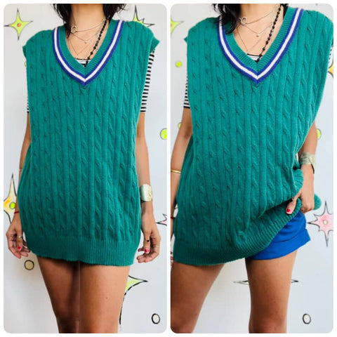 Vintage 80s | Green Pullover Sport Varsity Oversized Golf Sweater Vest | Size XL