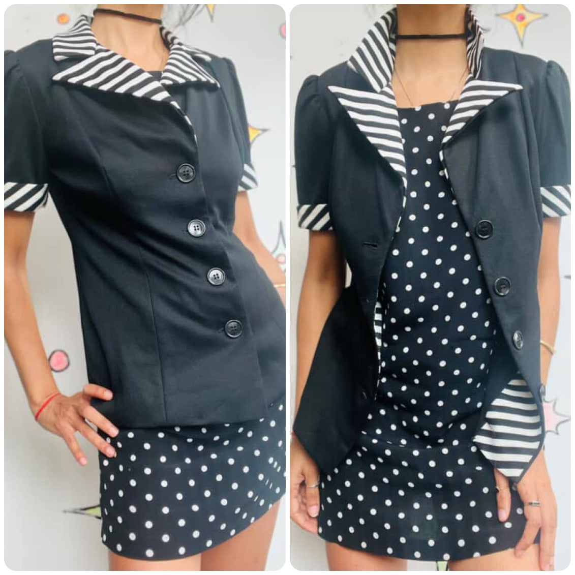 Vintage 60s 70s Black & White Groovy Striped MOD Top - Dagger Collar - Small