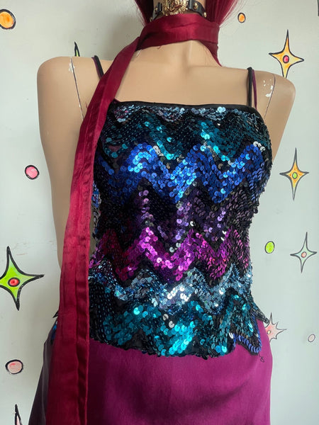 Vintage 70s Fully Sequined Chevron Striped Disco Top Glam Studio 54 Party S
