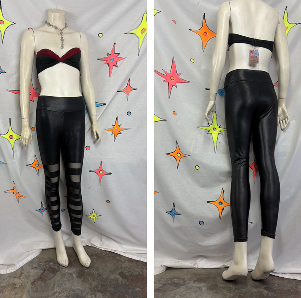 Y2K Black Vegan Leather Pants Thrashed Cyber Goth Punk High Rise Glam Leggings S