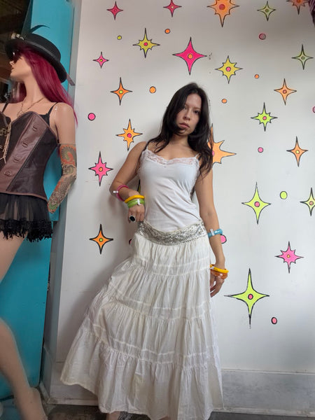 Y2K White Beaded Boho Midi Skirt Fairy Grunge Western Cowgirl Tiered L