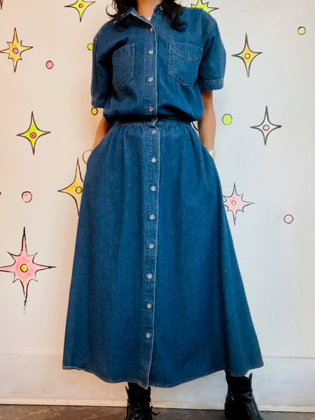 Vintage 90s Denim Button Down Dress – Grunge Boho Streetstyle Emo Midi – S (5/6)