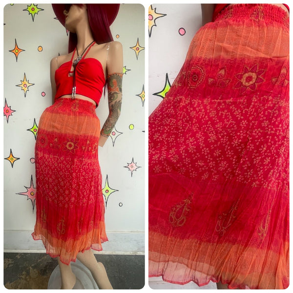 Red Orange Gauzy Paisley Maxi Skirt Flowy Fairy Whimsy Grunge Boho Western M/L